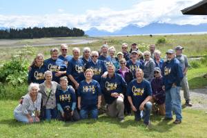 Homer High School graduates, largely from the class of 1975, celebrate their 50-year reunion on Saturday, July 12, 2025, at the Bishop's Beach pavilion in Homer, Alaska. (Delcenia Cosman/Homer News)