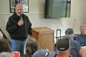 U.S. Senator Dan Sullivan, R-Alaska, speaks to Anchor Point residents during a community meeting held at the Virl Pa Haga VFW Post 10221 on Friday, May 30, 2025, in Anchor Point, Alaska. (Delcenia Cosman/Homer News)