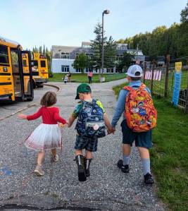 Children are photographed outside their now shuttered school, Pearl Creek Elementary, in August 2024 in Fairbanks, Alaska. (Photo provided by Morgan Dulian)