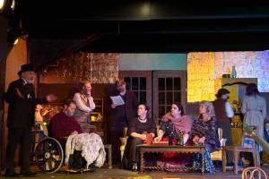 The cast of Anton Chekhov's "The Seagull" during rehearsal on July 6, 2025 at Pier One Theatre on the Spit in Homer, Alaska. The play will be performed this week on July 17, 18, 19 and 20, and next week on July 24, 25, and 26. (Chloe Pleznac/Homer News)