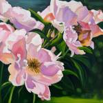 Sun-Kissed Peonies is a 20-inch-by-20-inch oil painting on canvas by Gerri Martin, one of several paintings in her peony-themed solo exhibit on display through July 2025 at Fireweed Gallery in Homer, Alaska. Photo provided by Gerri Martin