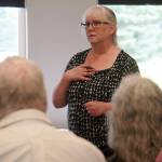 Debbie Cary speaks during a community meeting about the proposed Ninilchik Recreation Service Area at the Ninilchik Community Center in Ninilchik, Alaska, on Thursday, July 17, 2025. (Jake Dye/Peninsula Clarion)