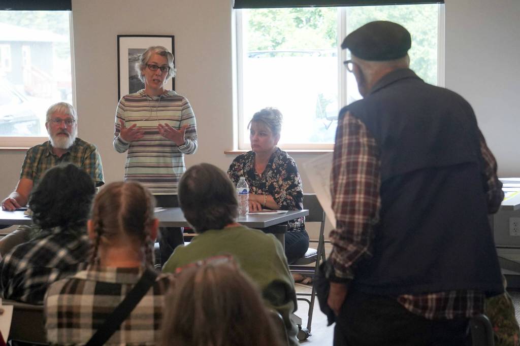 Kenai Peninsula Borough Finance Director Brandi Harbaugh fields questions during a community meeting about the proposed Ninilchik Recreation Service Area at the Ninilchik Community Center in Ninilchik, Alaska, on Thursday, July 17, 2025. (Jake Dye/Peninsula Clarion)