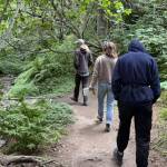 Yarrow Hinnant, Elizabeth Pileckas and Kim McNett walk the Pratt Museum Trail on Friday, July 25. (Chloe Pleznac/Homer News)