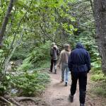 Yarrow Hinnant, Elizabeth Pileckas and Kim McNett walk the Pratt Museum Trail on Friday, July 25. (Chloe Pleznac/Homer News)