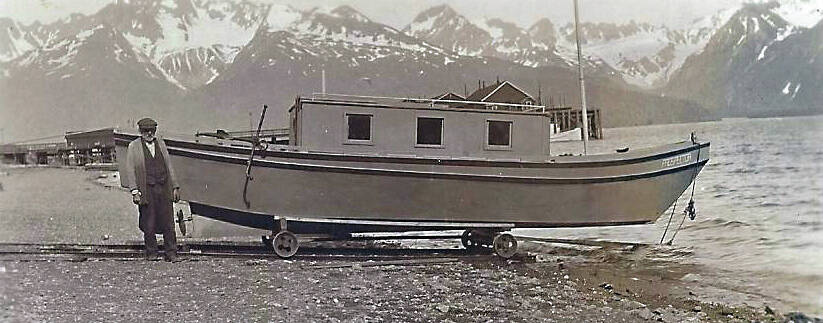 Steve Melchior with his pleasure boat, the Prospector, ready to launch into Resurrection Bay, August 1931. (Photo courtesy of the Melchior Family Collection)