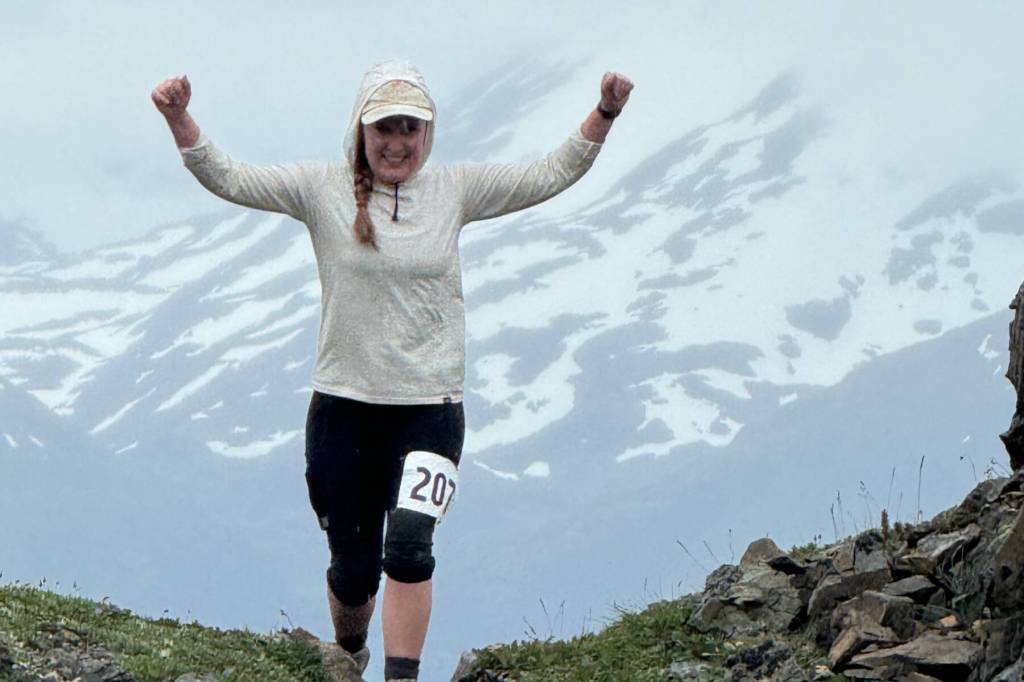 Lindsey Baird races up the Grace Ridge hillside during the 2025 Kachemak Bay Mountain Classic on Saturday, August 2. (Photo courtesy of Amy Holman)