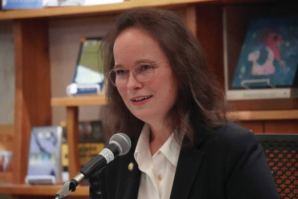 Rep. Sarah Vance participates in a candidate forum hosted by the Peninsula Clarion and KBBI 890 AM at the Homer Public Library in Homer, Alaska, on Tuesday, Oct. 29, 2024. (Jake Dye/Peninsula Clarion)