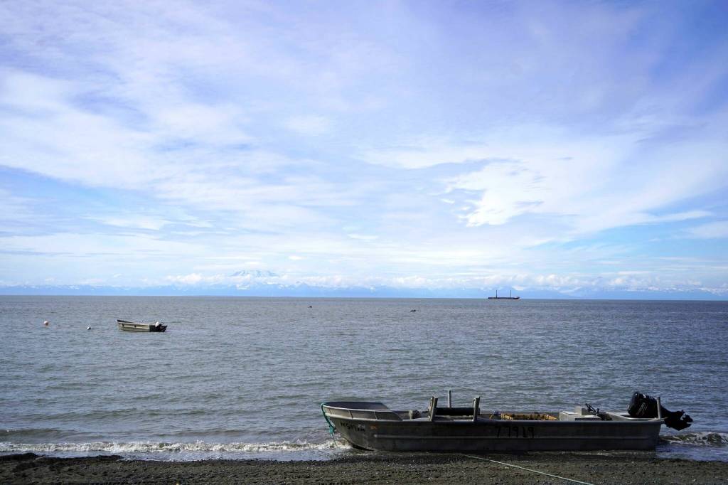 A boat rests on the shore of a setnet site in Kalifornsky, Alaska, on Wednesday, Aug. 6, 2025. (Jake Dye/Peninsula Clarion)