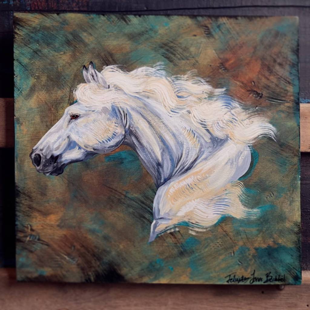The White Horse is an acrylic painting by Felicity Jones Bechtel on display through August at the Art Shop Gallery. Photo provided by Felicity Jones Bechtel
