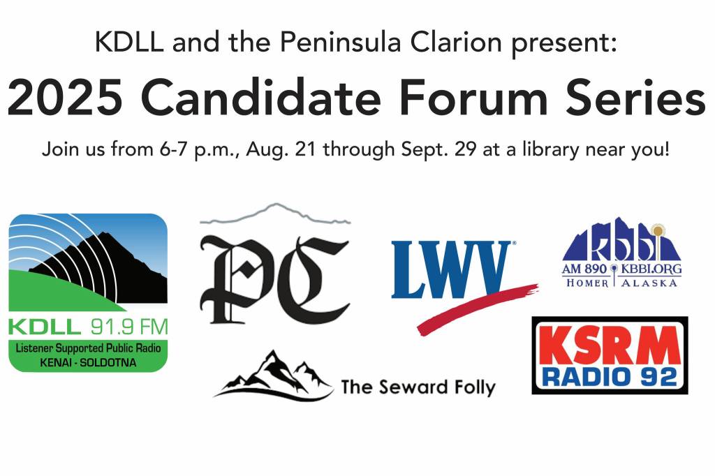 A flier for the 2025 Candidate Forum series presented by KDLL and the Peninsula Clarion describes a series of forums held at local libraries with candidates for each office. (Ashlyn OHara/KDLL)
