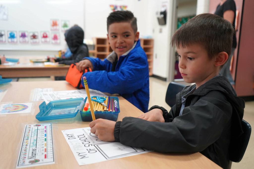 Students work on an icebreaker on the first day of the 2025-2026 school year at Nikiski North Star Elementary School in Nikiski, Alaska, on Wednesday, Aug. 20, 2025. (Jake Dye/Peninsula Clarion)
