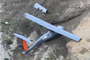 An ultra-endurance long-range drone registered to Vanilla Unmanned crashed into a bluff near Ninilchik, Alaska on Wednesday, Aug. 20, 2025. Photo provided by Tim Hatfield