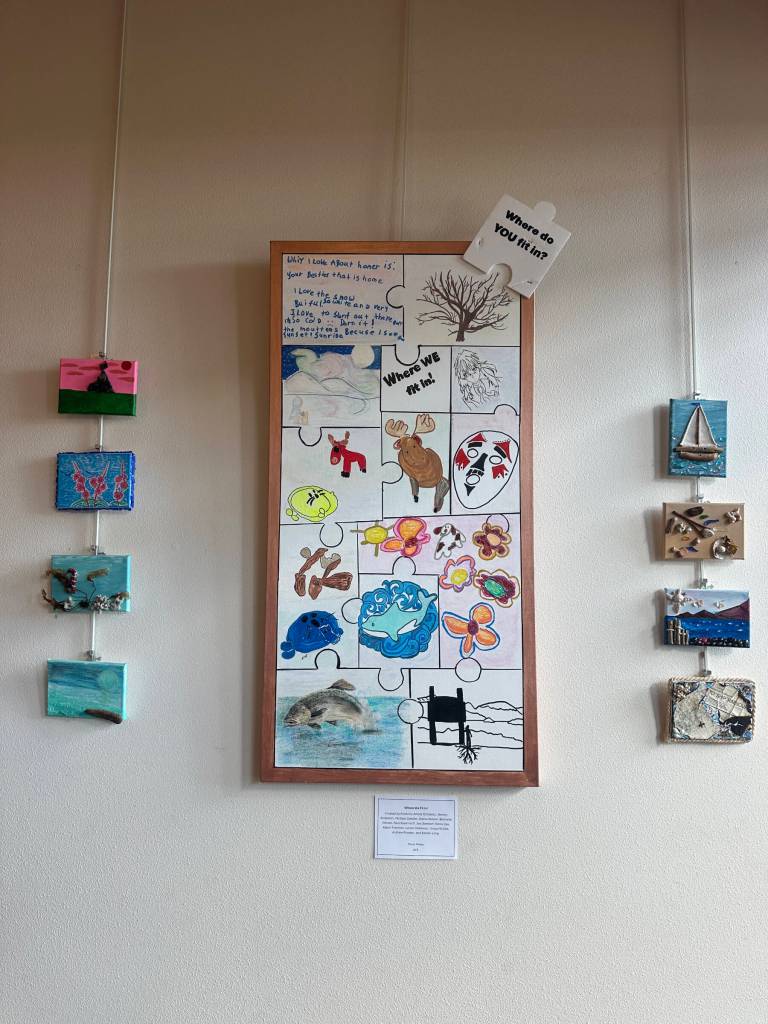 Where We Fit In is a multimedia artwork created by Homer High School students earlier this year for Homer Council on the Arts 2025 Jubilee! exhibit and is one of numerous pieces on display through September at the Homer Public Library in Homer, Alaska. Photo by Christina Whiting