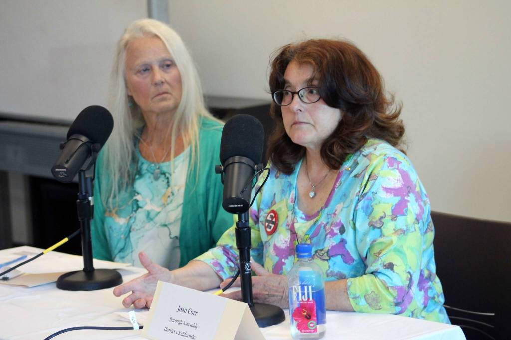 Candidates for the Kenai Peninsula Borough Assemblys Kalifornsky seat, Teresa Mullican and Joan Corr, participate in a forum at the Soldotna Public Library in Soldotna, Alaska, on Thursday, Aug. 21, 2025. (Jake Dye/Peninsula Clarion)