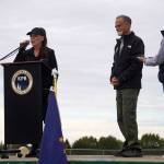 Shanon Davis speaks after receiving the Spirit of Industry Appreciation Day Award during the 2025 Industry Appreciation Day at the Kenai Softball Greenstrip in Kenai, Alaska, on Saturday, Aug. 23, 2025. (Jake Dye/Peninsula Clarion)