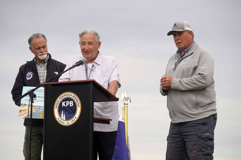 Former Kenai Mayor John Williams speaks after the City of Kenai received the Perseverance Award during the 2025 Industry Appreciation Day at the Kenai Softball Greenstrip in Kenai, Alaska, on Saturday, Aug. 23, 2025. (Jake Dye/Peninsula Clarion)