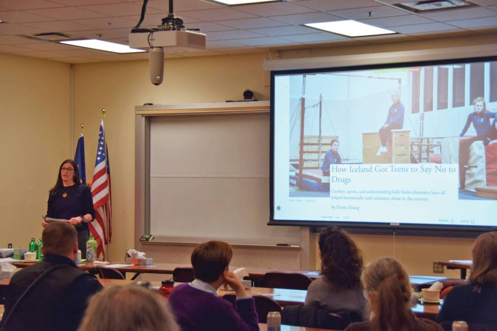 SKP Resilience Coalition youth project manager Anna Meredith explains the history of the Icelandic prevention model at a Planet Youth Homer event hosted Feb. 6at Kachemak Bay Campus. (Chloe Pleznac/Homer News)