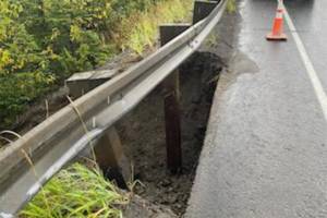 The northbound shoulder of the Sterling Highway is washed out at Mile 157, near the intersection with Old Sterling Highway between Homer and Anchor Point, on Thursday, Aug. 28, 2025. (Photo courtesy of the Alaska Department of Transportation