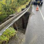 The northbound shoulder of the Sterling Highway is washed out at Mile 157, near the intersection with Old Sterling Highway between Homer and Anchor Point, on Thursday, Aug. 28, 2025. (Photo courtesy of the Alaska Department of Transportation