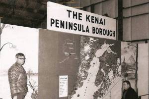 In this old Cheechako News photo, officials consider an early display map of the Kenai Peninsula Borough, 1969.