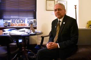 Former Sen. Tom Begich, D-Anchorage, speaks with the Juneau Empire in his office at the Alaska State Capitol on Tuesday, April 12, 2022. (Peter Segall / Juneau Empire file photo)