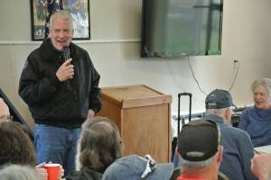 U.S. Senator Dan Sullivan, R-Alaska, speaks to Anchor Point residents during a community meeting held at the Virl Pa Haga VFW Post 10221 on Friday, May 30, 2025, in Anchor Point, Alaska. (Delcenia Cosman/Homer News)