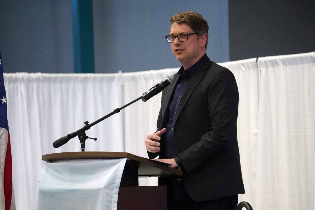 U.S. Rep. Nick Begich III speaks during the Kenai Classic Roundtable hosted by the Kenai River Sportfishing Association at the Soldotna Field House on Aug. 20, 2025, in Soldotna, Alaska. (Jake Dye/Peninsula Clarion)