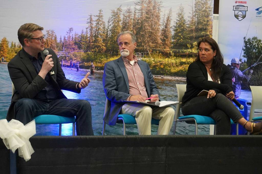 U.S. Rep. Nick Begich III, Kenai Peninsula Borough Mayor Peter Micciche and Alaska Board of Fisheries Chair Märit Carlson-Van Dort participate in a panel on Alaska king salmon legislation and regulation during the Kenai Classic Roundtable hosted by the Kenai River Sportfishing Association at the Soldotna Field House on Aug. 20, 2025, in Soldotna, Alaska. (Jake Dye/Peninsula Clarion)