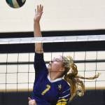 Homers Swift Blackstock attacks against Nikiski on Saturday, Sept. 6, 2025, at the 18th annual Shayna Pritchard Memorial Volleyball Tournament at Nikiski Middle-High School in Nikiski, Alaska. (Photo by Jeff Helminiak/Peninsula Clarion)