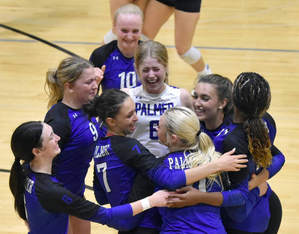 Palmer celebrates winning the championship Saturday, Sept. 6, 2025, at the 18th annual Shayna Pritchard Memorial Volleyball Tournament at Nikiski Middle-High School in Nikiski, Alaska. (Photo by Jeff Helminiak/Peninsula Clarion)
