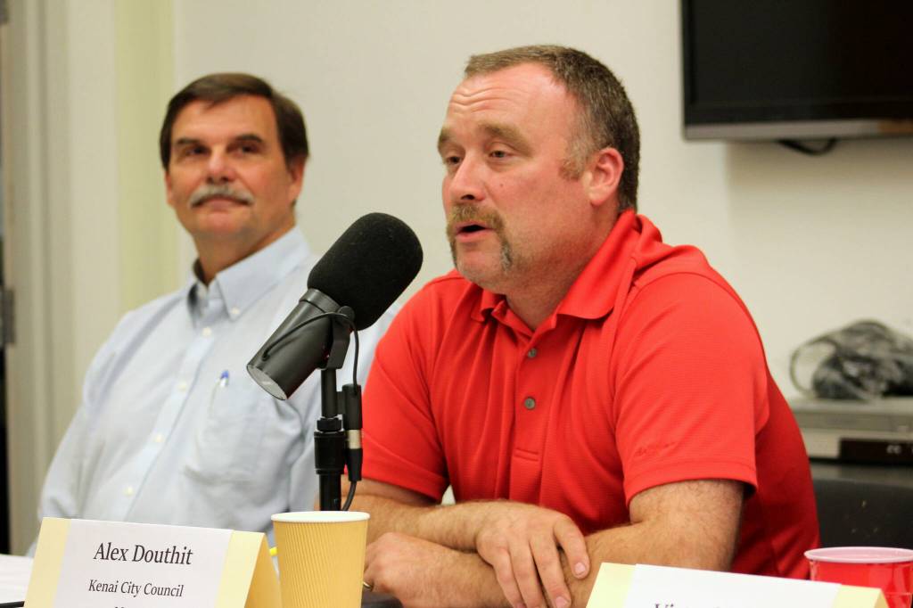 Alex Douthit speaks during a forum with candidates for Kenai mayor and city council at the Kenai Community Library in Kenai, Alaska, on Thursday, Sept. 4, 2025. (Jake Dye/Peninsula Clarion)