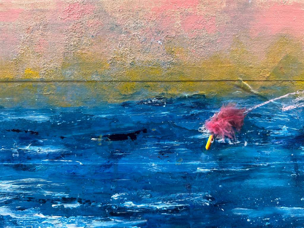 Evening Troll II is an acrylic painting by Rosemary Redmond on display through September 2025 at Grace Ridge Brewing in Homer, Alaska. Photo by Christina Whiting