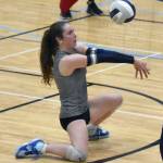 Soldotnas Grayson Henry digs up a ball against Homer on Tuesday, Sept. 9, 2025, at Soldotna High School in Soldotna, Alaska. (Photo by Jeff Helminiak/Peninsula Clarion)