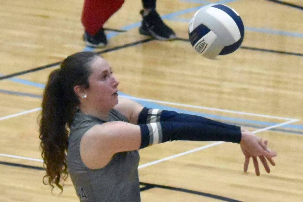 Soldotna's Grayson Henry digs up a ball against Homer on Tuesday, Sept. 9, 2025, at Soldotna High School in Soldotna, Alaska. (Photo by Jeff Helminiak/Peninsula Clarion)