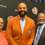 Renee Boozer, Carlos Boozer Jr. and Carlos Boozer Sr. attend the enshrinement ceremony at the Naismith Basketball Hall of Fame in Sprinfield, Massachusetts, on Saturday, Sept. 6, 2025. As a member of the 2008 U.S. men's Olympic team, Boozer Jr. is a member of the 2025 class. (Photo provided by Carlos Boozer Sr.)
