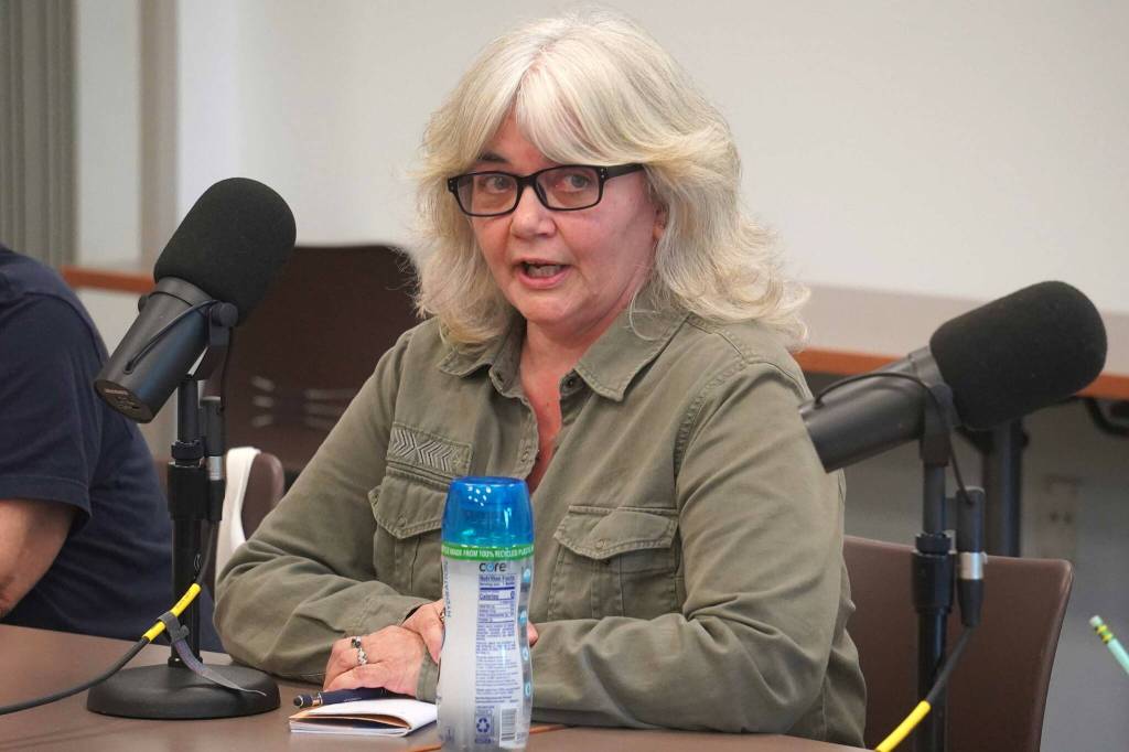Donna Anderson, candidate for the Kalifornsky seat on the Kenai Peninsula Borough School District Board of Education, participates in a forum at the Soldotna Public Library in Soldotna, Alaska, on Monday, Sept. 15, 2025. (Jake Dye/Peninsula Clarion)