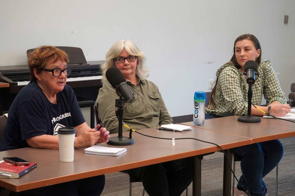 Patti Truesdell, Donna Anderson and Shelby Oden, candidates for the Kalifornsky seat on the Kenai Peninsula Borough School District Board of Education, participate in a forum at the Soldotna Public Library in Soldotna, Alaska, on Monday, Sept. 15, 2025. (Jake Dye/Peninsula Clarion)