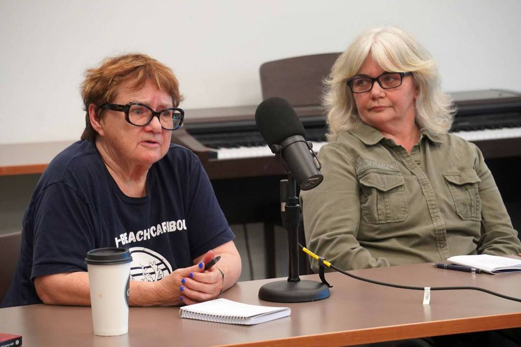 Patti Truesdell and Donna Anderson, candidates for the Kalifornsky seat on the Kenai Peninsula Borough School District Board of Education, participate in a forum at the Soldotna Public Library in Soldotna, Alaska, on Monday, Sept. 15, 2025. (Jake Dye/Peninsula Clarion)