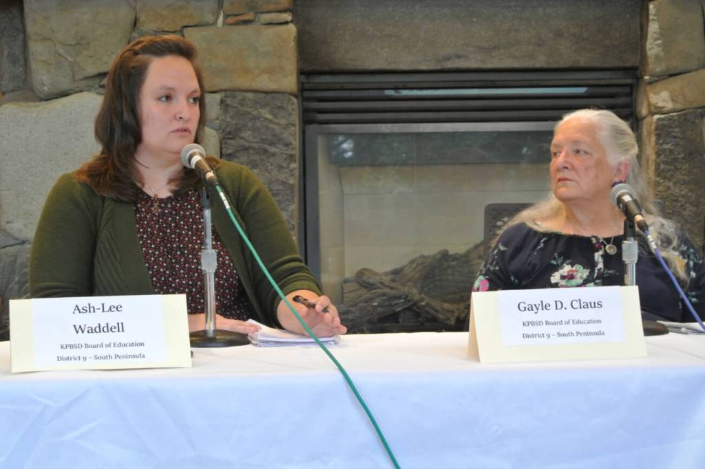 Ash-Lee Waddell and Gayle Claus, candidates for the District 9 seat of the Kenai Peninsula Borough School District Board of Education, answer questions during an election forum hosted by the Peninsula Clarion and KBBI AM 890 on Thursday, Sept. 18, 2025, at the Homer Public Library in Homer, Alaska. (Delcenia Cosman/Homer News)