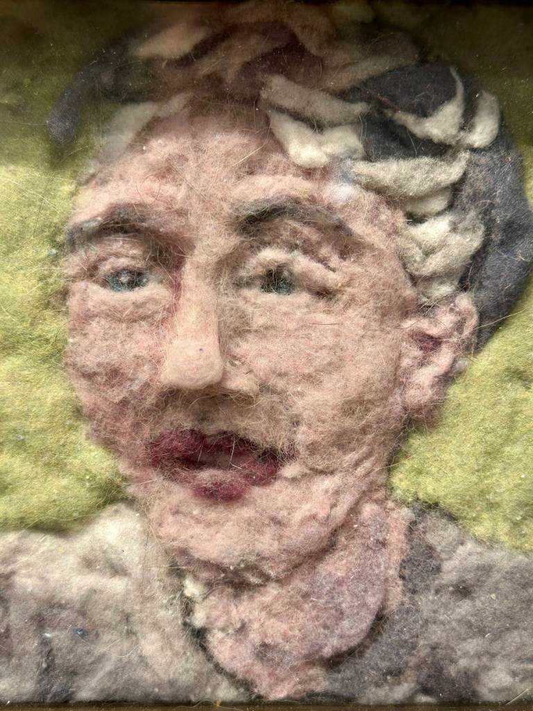 Laundry Lady by Deb Rowzee is made from laundry lint and is one of numerous pieces on display through September 2025 at Homer Council on the Arts as part of their Fabricated exhibit in Homer, Alaska. Photo by Christina Whiting