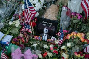 Items at a makeshift memorial for Charlie Kirk, who was fatally shot last week, on the campus at Utah Valley University in Orem, Utah, Sept. 16, 2025. (Loren Elliott/The New York Times)