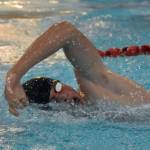 Kenai Centrals Fletcher Darr competes in the 500-yard freestyle at the Kenai Invitational at Kenai Central High School on Saturday, Sept. 20, 2025, in Kenai, Alaska. (Photo by Jeff Helminiak/Peninsula Clarion)