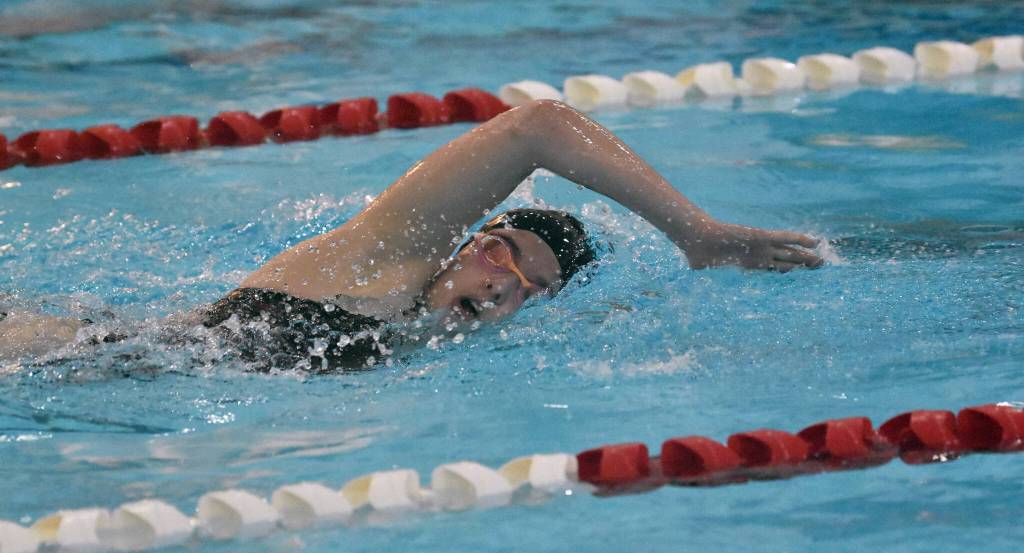 Kenai Centrals Emma Castimore competes in the 500-yard freestyle at the Kenai Invitational at Kenai Central High School on Saturday, Sept. 20, 2025, in Kenai, Alaska. (Photo by Jeff Helminiak/Peninsula Clarion)