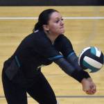 Halle Blades digs up a ball against Nikiski on Tuesday, Sept. 23, 2025, at Nikiski Middle-High School in Nikiski, Alaska. (Photo by Jeff Helminiak/Peninsula Clarion)