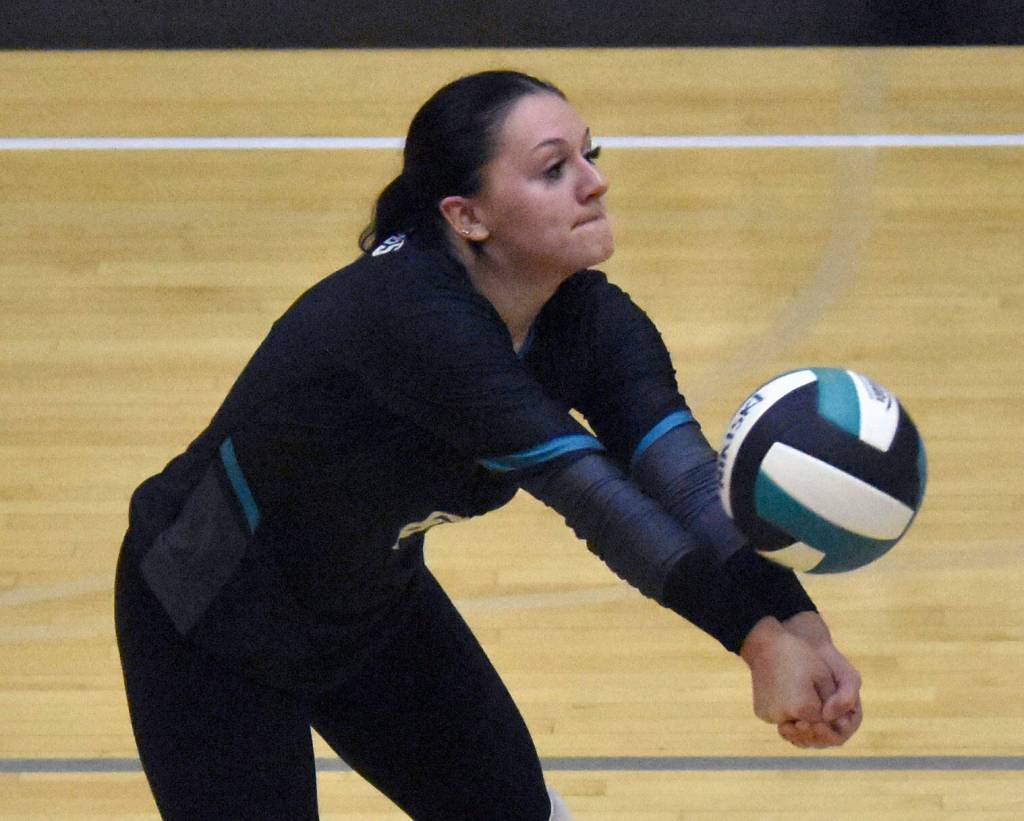 Halle Blades digs up a ball against Nikiski on Tuesday, Sept. 23, 2025, at Nikiski Middle-High School in Nikiski, Alaska. (Photo by Jeff Helminiak/Peninsula Clarion)