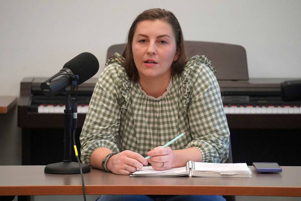 Shelby Oden, candidate for the Kalifornsky seat on the Kenai Peninsula Borough School District Board of Education, participates in a forum at the Soldotna Public Library in Soldotna, Alaska, on Monday, Sept. 15, 2025. (Jake Dye/Peninsula Clarion)