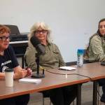 Patti Truesdell, Donna Anderson and Shelby Oden, candidates for the Kalifornsky seat on the Kenai Peninsula Borough School District Board of Education, participate in a forum at the Soldotna Public Library in Soldotna, Alaska, on Monday, Sept. 15, 2025. (Jake Dye/Peninsula Clarion)