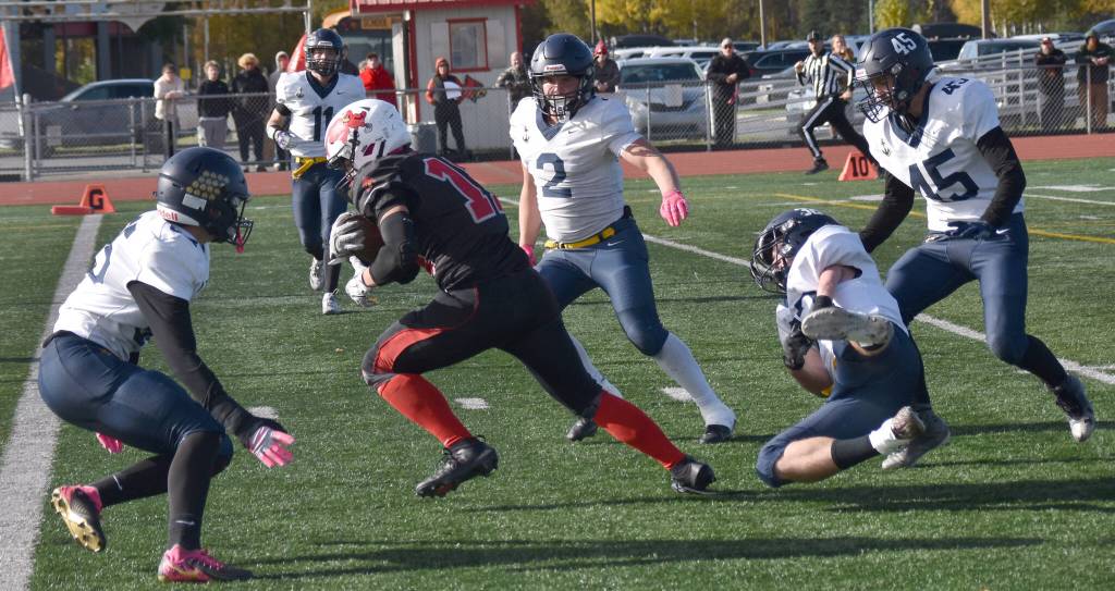 Kenai Centrals Jamel Barnes scores the Kardinals lone touchdown of the game Saturday, Sept. 27, 2025, at Ed Hollier Field at Kenai Central High School in Kenai, Alaska. (Photo by Jeff Helminiak/Peninsula Clarion)