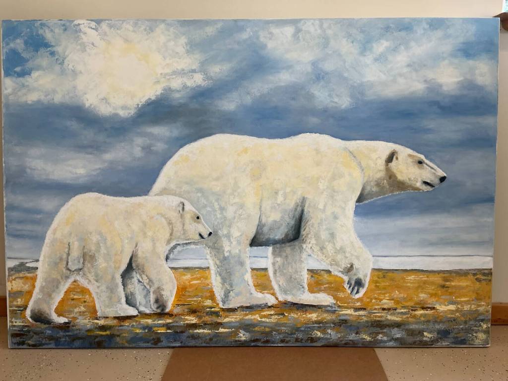 Polar Bears, an oil painting by American artist Geoffrey C. Smith, is one of the artists works on display in the Pratt Museums exhibit, World on Fire, showcasing Smiths oil paintings and driftwood art. Photo provided by the Pratt Museum